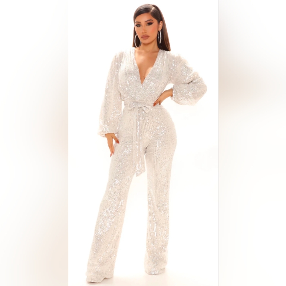 Fashion Nova Ivory Sequin Wrap Jumpsuit